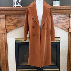 Mural Cognac Brown Double-Breasted Long Coat Size Small